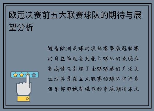 欧冠决赛前五大联赛球队的期待与展望分析