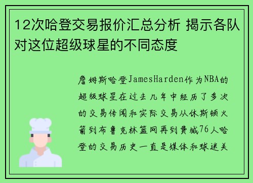 12次哈登交易报价汇总分析 揭示各队对这位超级球星的不同态度