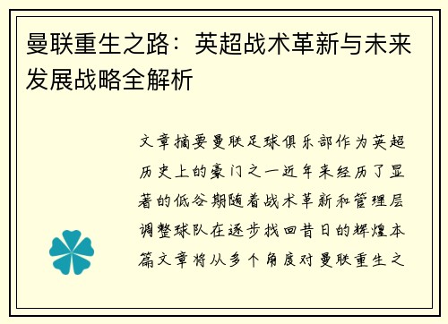 曼联重生之路：英超战术革新与未来发展战略全解析